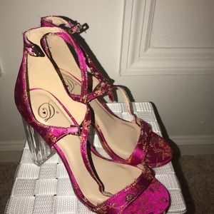 Oriental print Block Heel Sandal